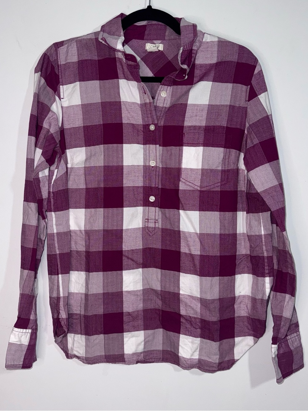 J.Crew Buffalo Plaid Popover Shirt Medium Purple White Cotton Flannel